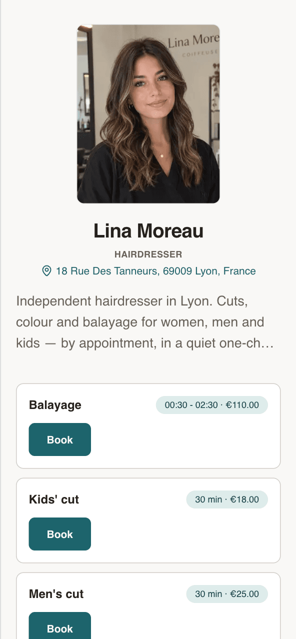 Your public booking page on a phone